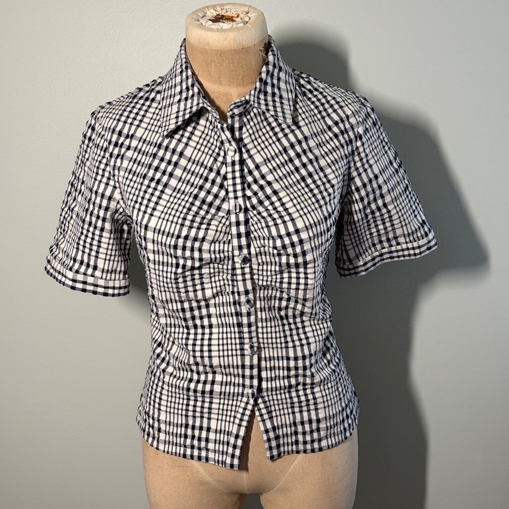 No. 6 Store Navy White Gingham Plaid Short Sleeve Button Down Shirt Small